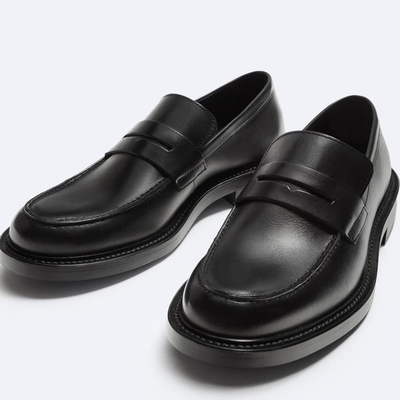 Zara Leather Penny Loafer Black Men's Size 40 Slip On Block Heels Chunky Sole - Picture 1 of 5